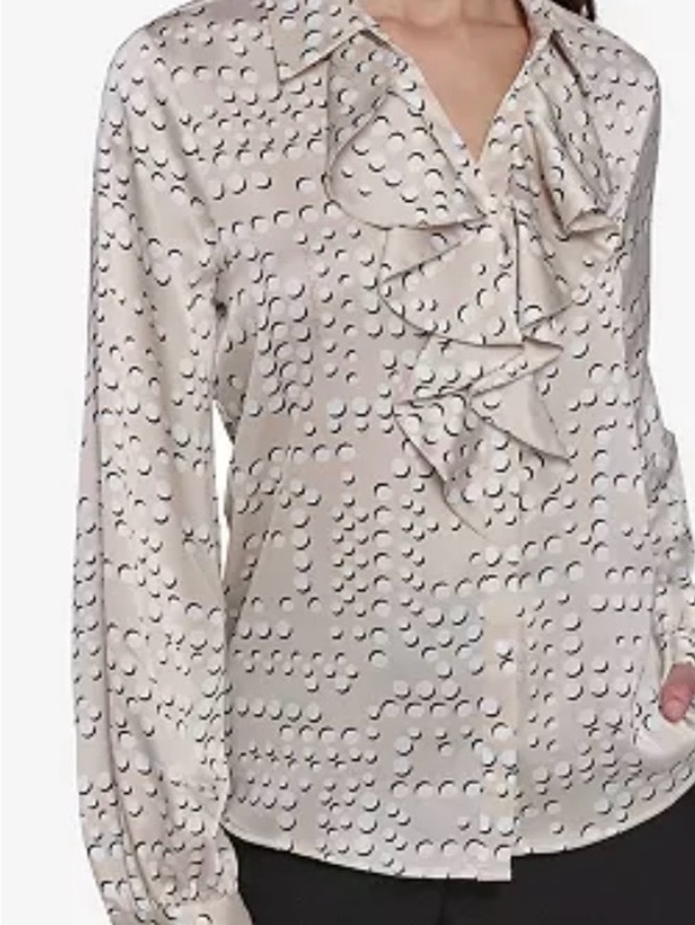Karl Lagerfeld Cream Button-Down Ruffle Blouse with Dot Print